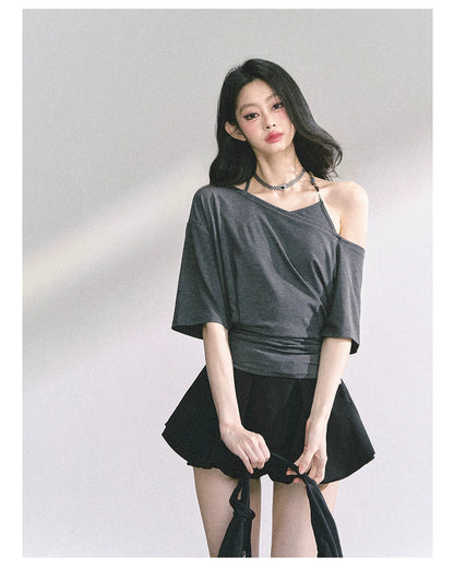 Asymmetric Short-Sleeve Halter Crop T-Shirt