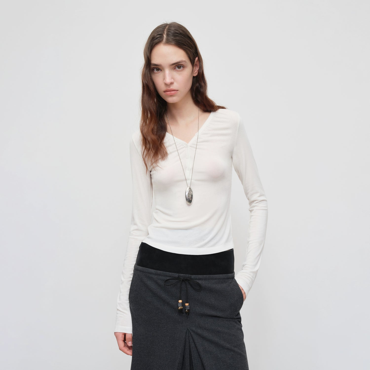 Lyocell Wool V-Neck Fitted Long Sleeve T-Shirt