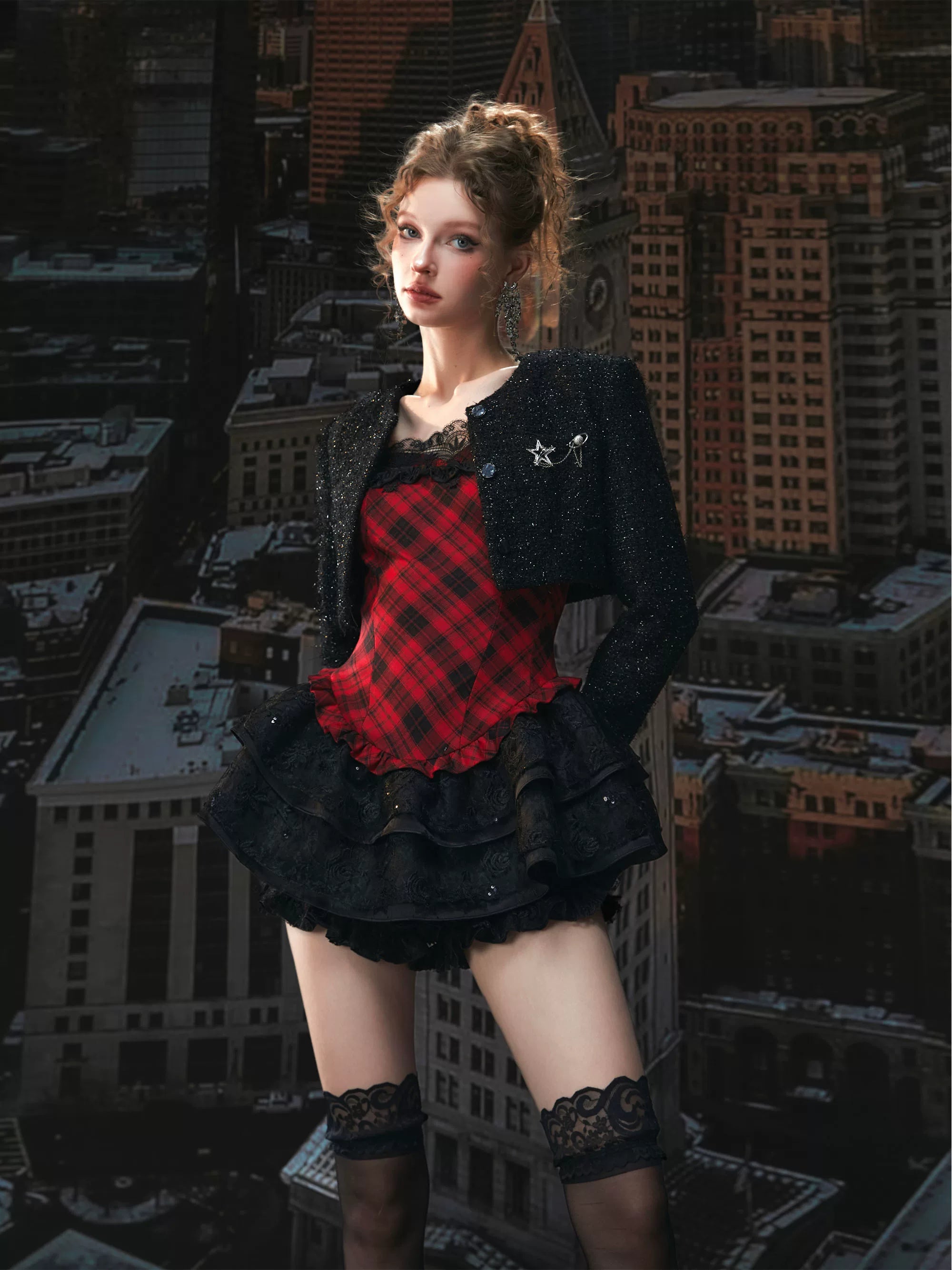 Plaid Puff Dress with Lace Overlay Set