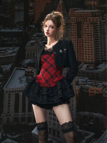 Plaid Puff Dress with Lace Overlay Set