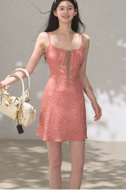 Bohemian Floral Print Waist-Cinched Sleeveless Slip Dress