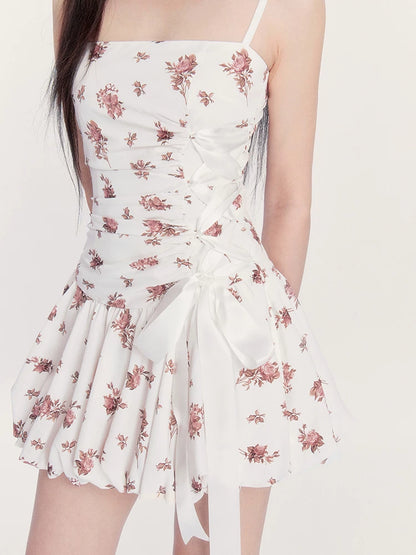 Dream French Floral Bow Waist Puff Dress