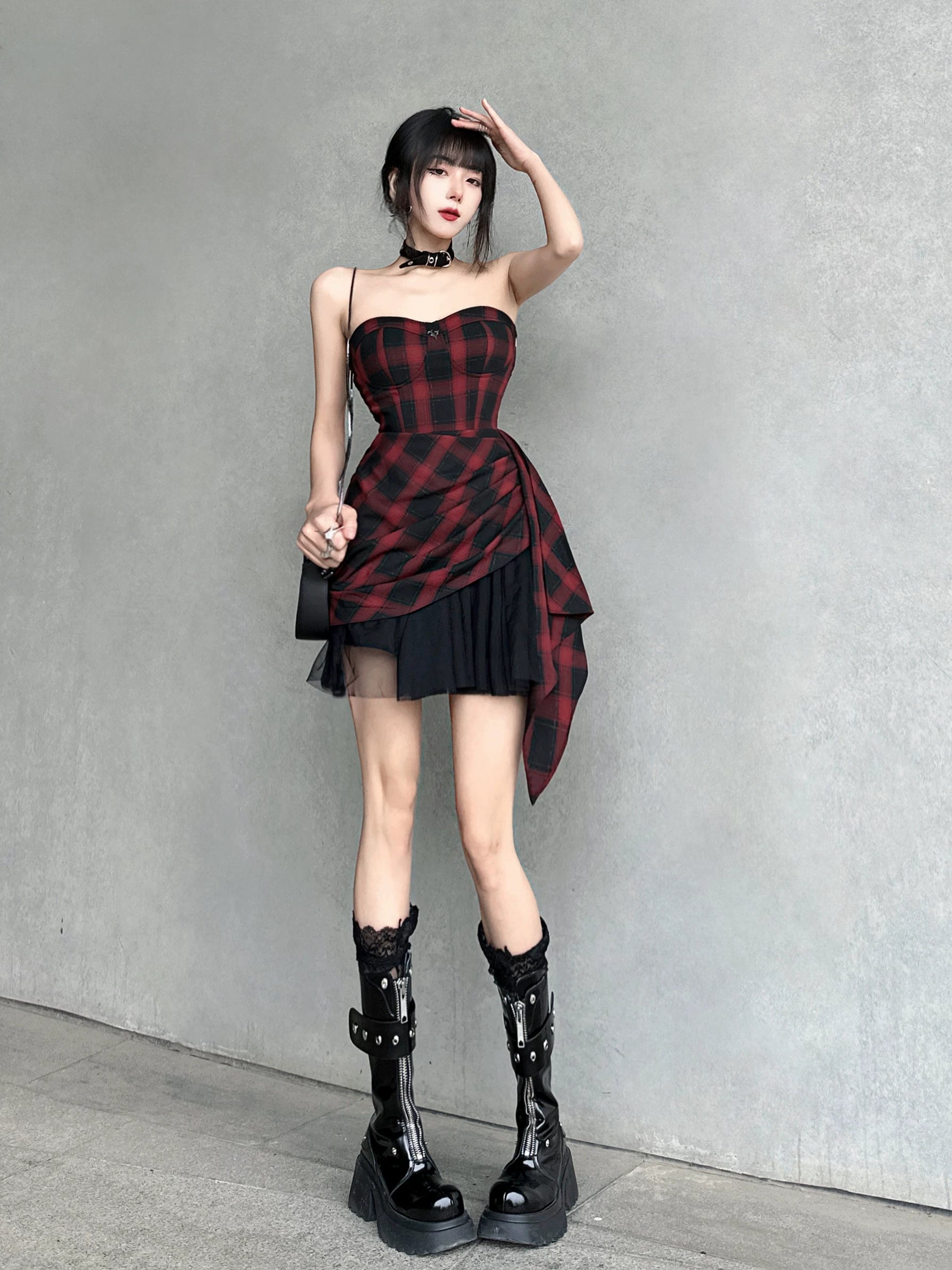 Red-Black Plaid Waist-Defining Dress