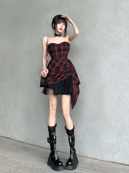 Red-Black Plaid Waist-Defining Dress