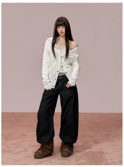 Oversized Collar Asymmetric Knit Sweater Jacket