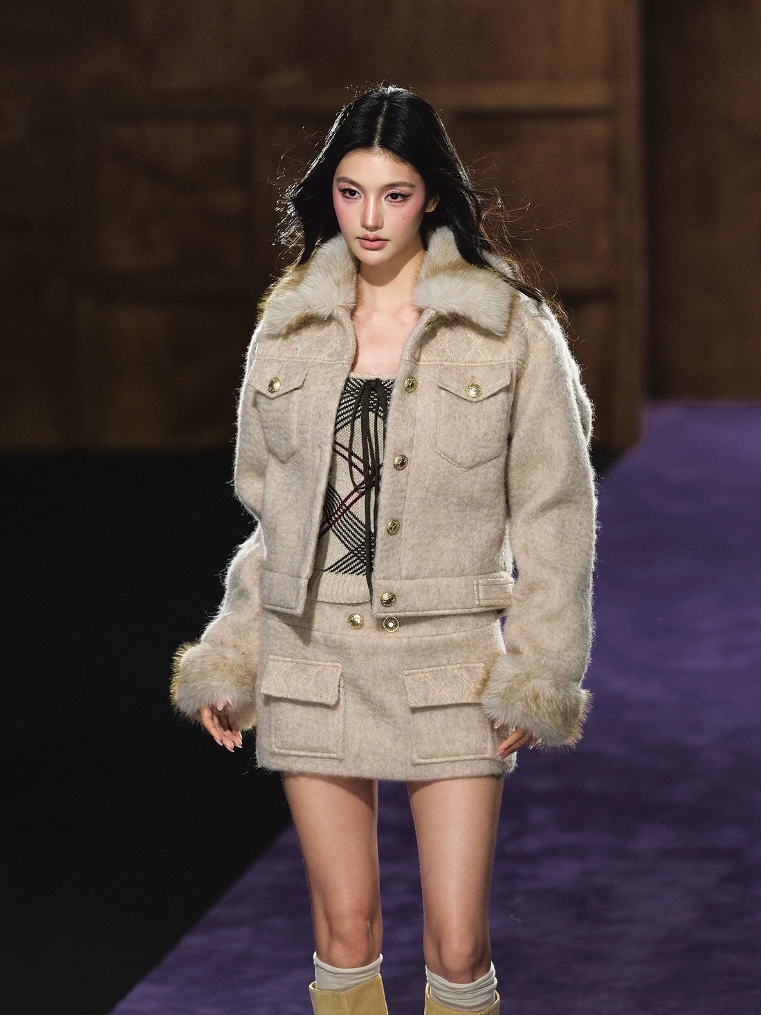 Wool-Blend Textured Check Jacket &amp; Skirt Set