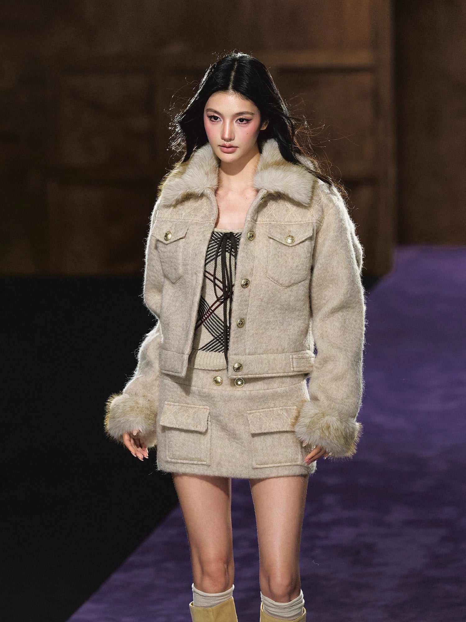 Wool-Blend Textured Check Jacket &amp; Skirt Set