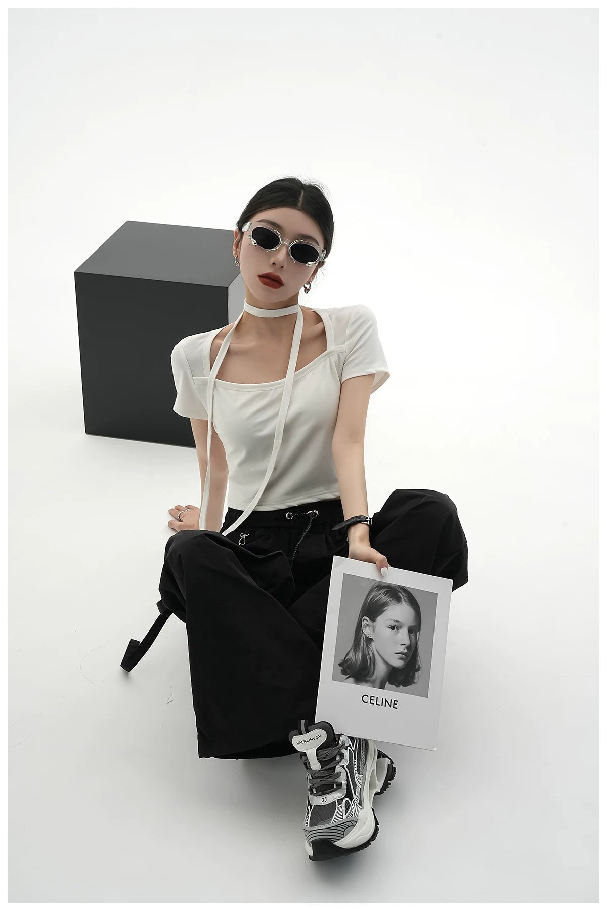 Tie-Detail Square-Neck Cropped T-Shirt