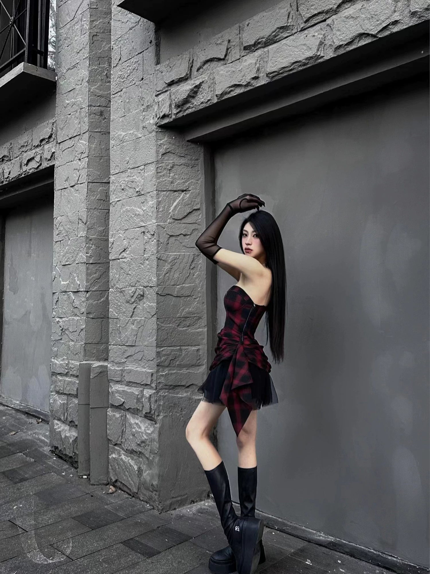 Red-Black Plaid Waist-Defining Dress