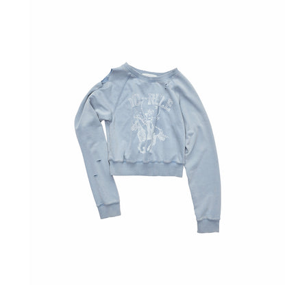 Knight Cat Print Distressed Washed Sweatshirt