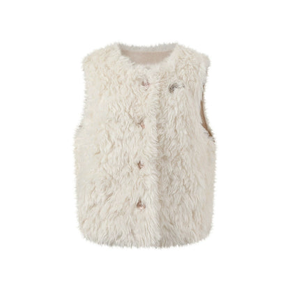 Curly Faux Shearling Brooch Vest