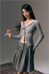 Black & Gray Ribbon Front Shimmer Wool V-neck Cardigan - CHINASQUAD