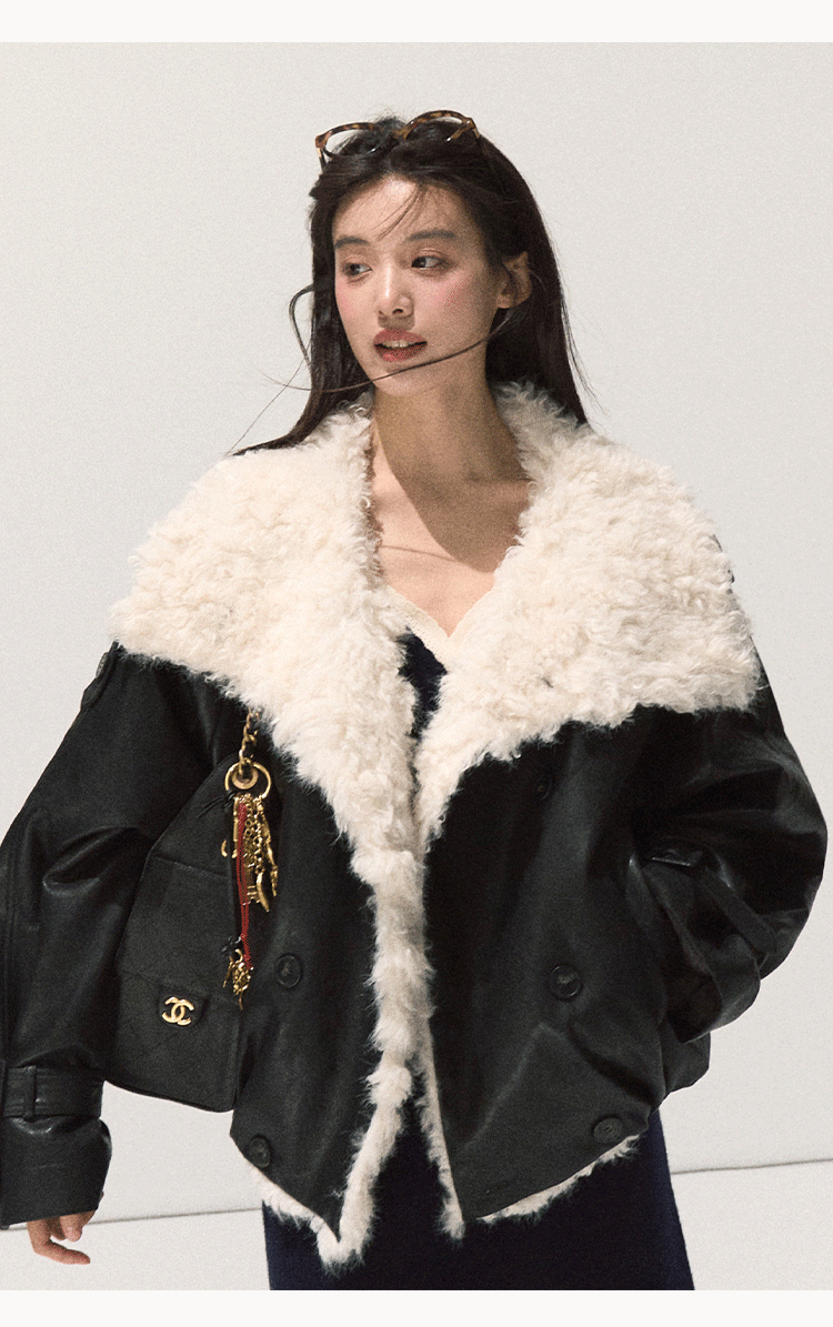 Shearling-Style Leather Jacket Khaki