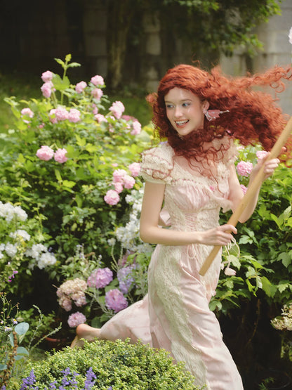 French Sweet Empire-Waist Lace Tie Dress