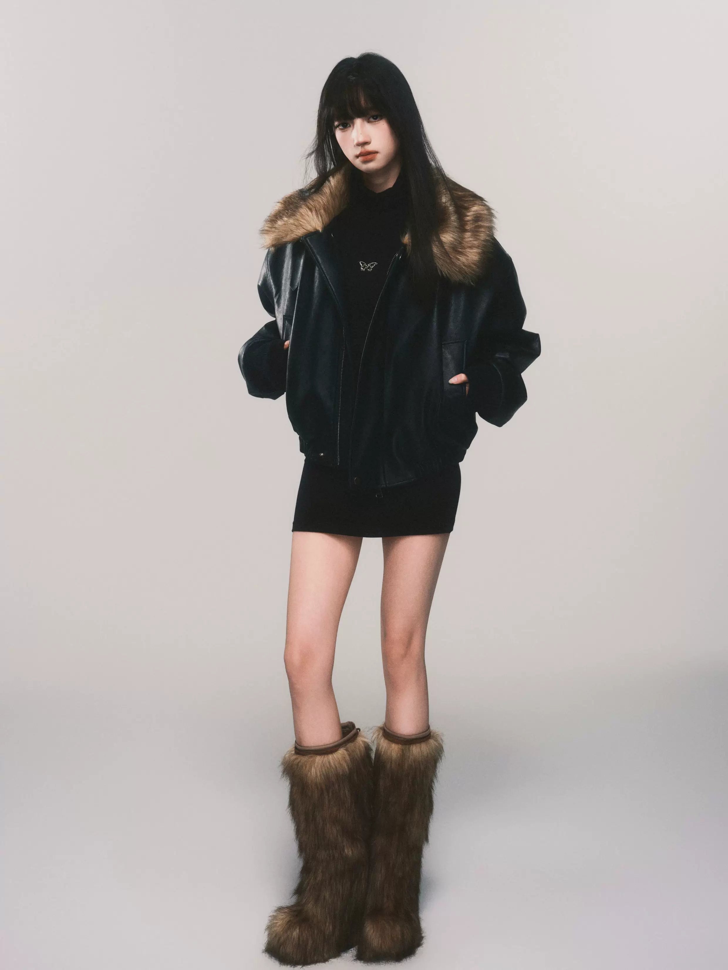 Faux Fur Collar Padded PU Biker Jacket