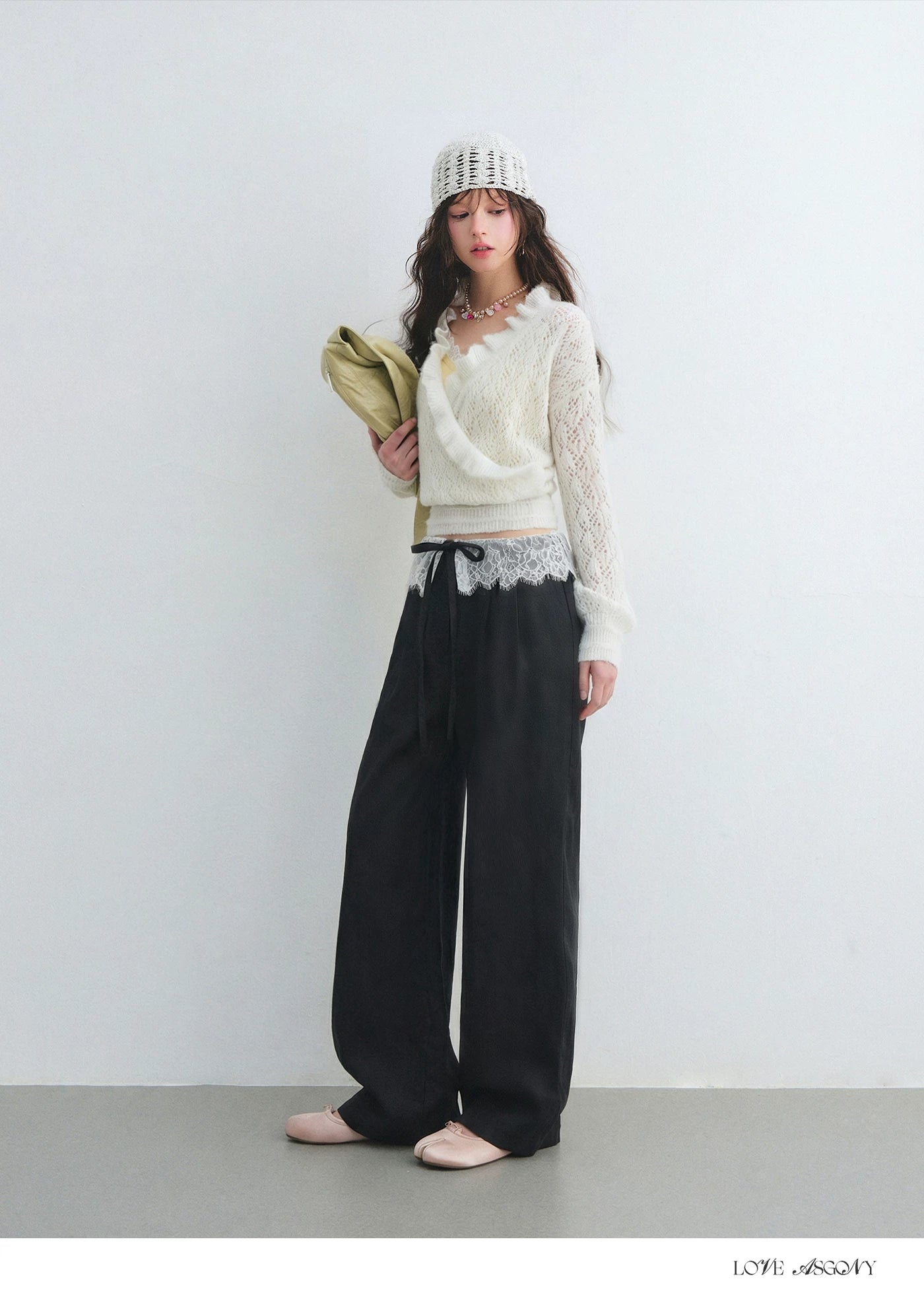 Lace Panel Drawstring Waist Wide-Leg Casual Pants