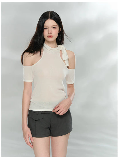 Off-Shoulder Patchwork Knit Cropped T-Shirt