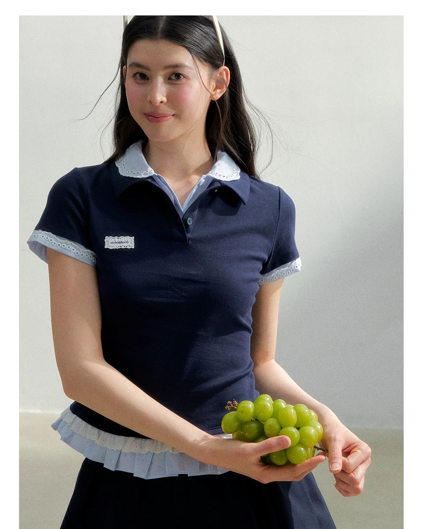 Vintage Layered Polka Dot Collar Knit Polo Tee