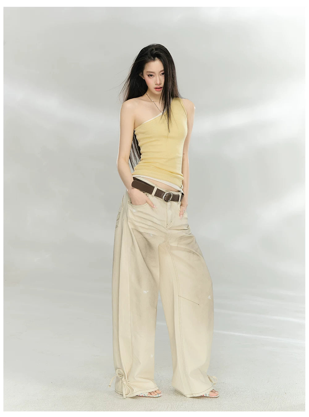 Asymmetric One-Shoulder Lyocell Blend Knit Tank Top