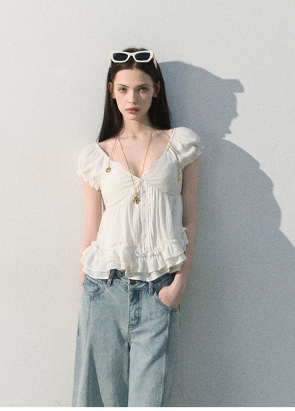 Ripple Romance Linen Blend Puff Sleeve Shirt