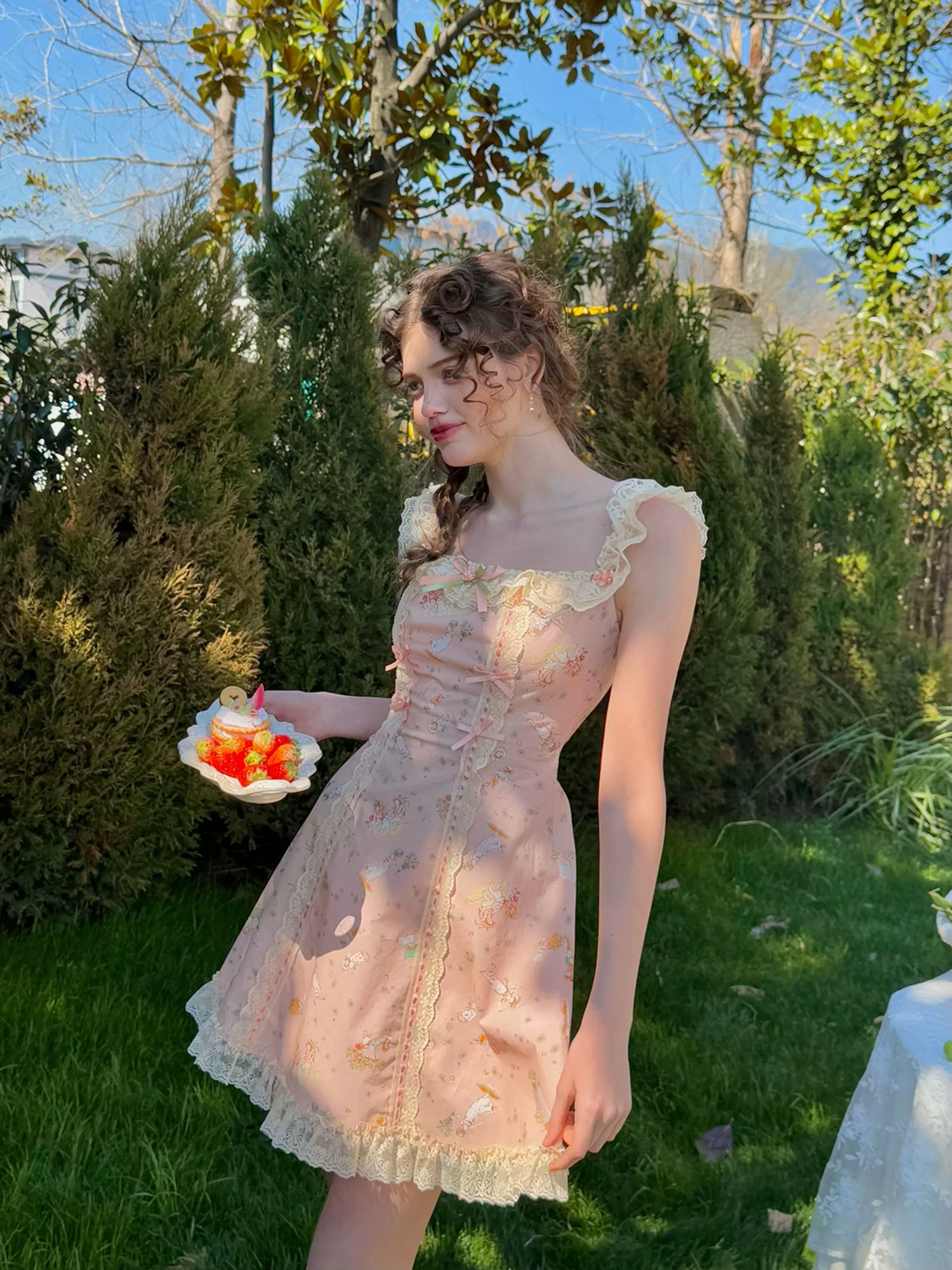 Vintage Pastoral Printed Lace Slip Dress