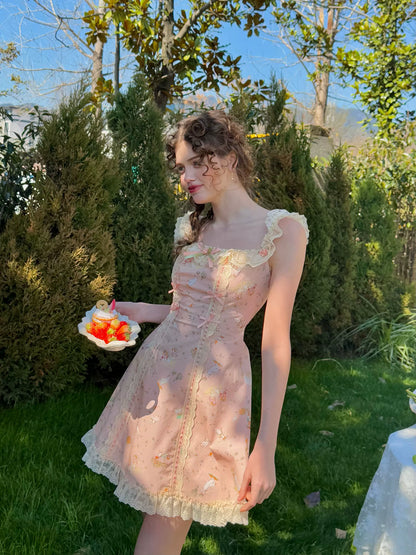 Vintage Pastoral Printed Lace Slip Dress