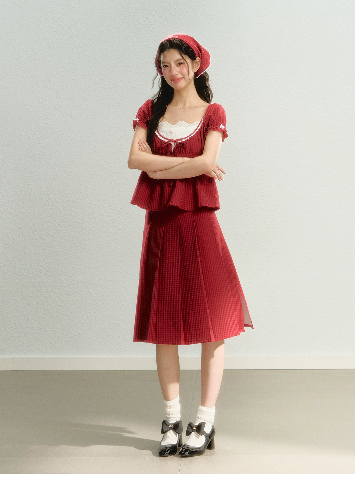 Red Blouse &amp; Midi Skirt Set - CHINASQUAD