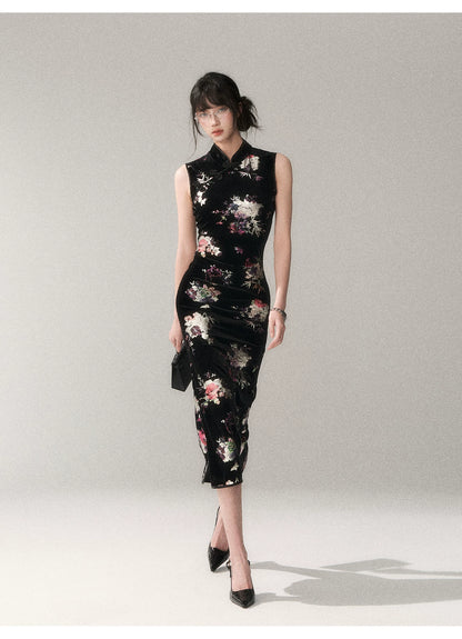 Gilded Velvet Floral Cheongsam Dress