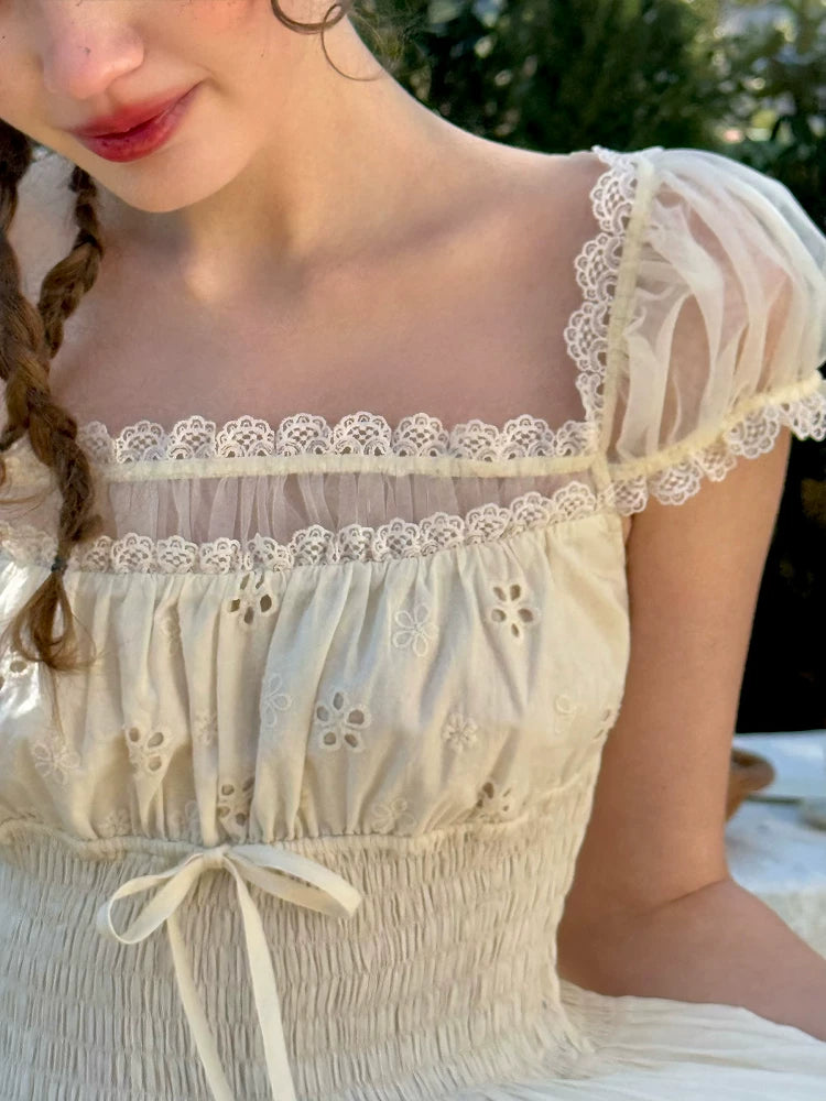 White Pastoral First-Love Cinched-Waist Dress