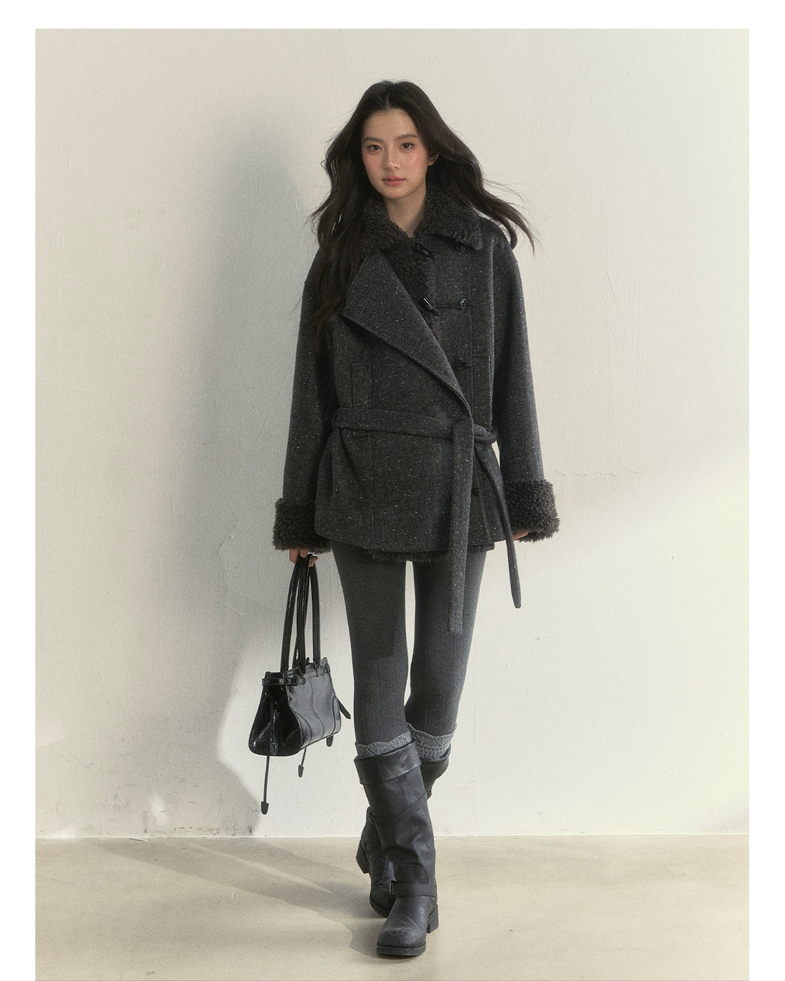 Deep Grey &amp; Brown Wool Blend Fleece-Collar Coat