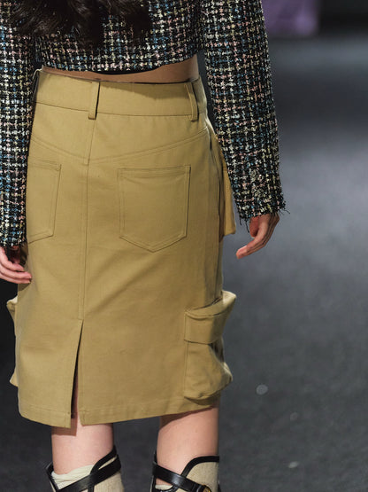 Khaki Utility Pocket Structured Midi Skirt
