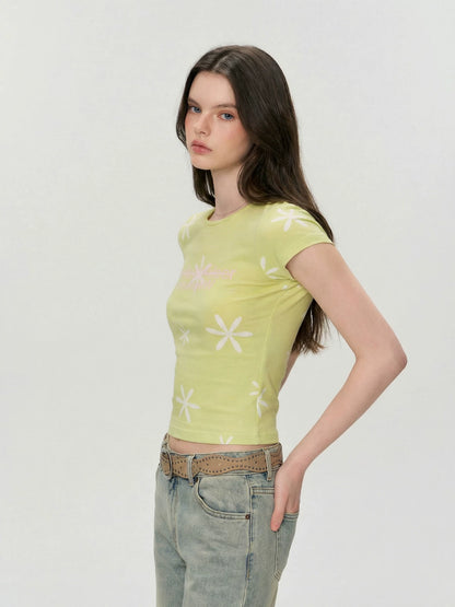 Vintage Contrast Floral Slim-Fit Cropped T-Shirt