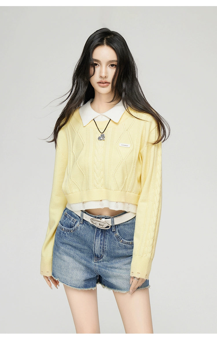 Yellow &amp; Gray 2-in-1 Frayed-edge Sweater - CHINASQUAD