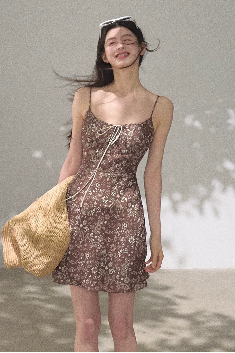 Bohemian Floral Print Waist-Cinched Sleeveless Slip Dress