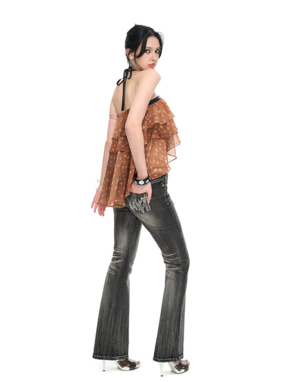 Fawn Print Asymmetric Chiffon Halter Backless Layered Blouse