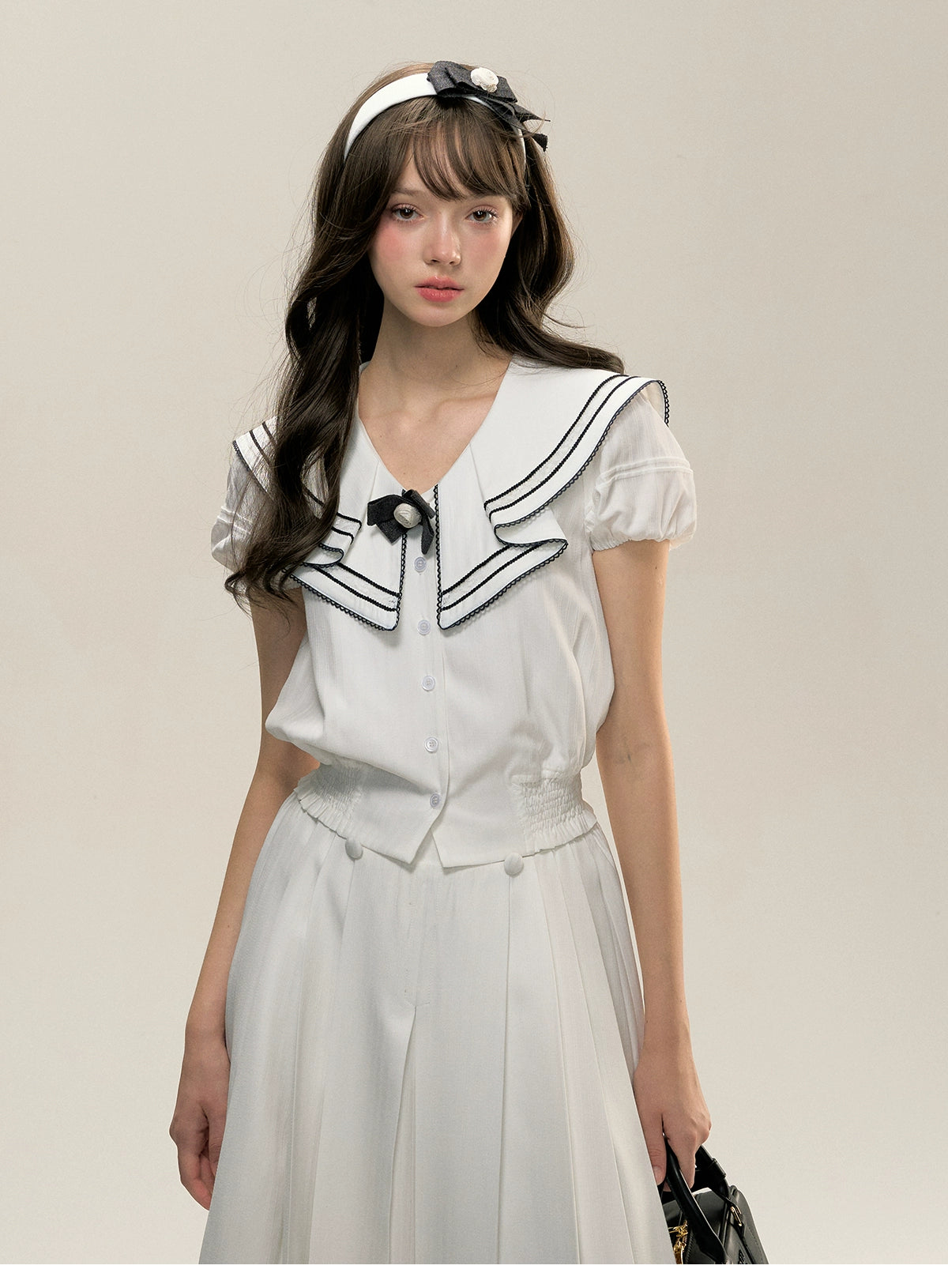 White Sweet Nautical-style Shirt &amp; Skirt Set