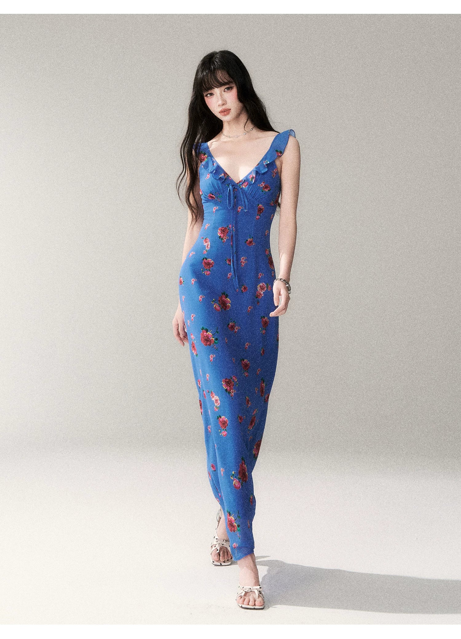 Blue Rose V-Neck Resort Maxi Dress