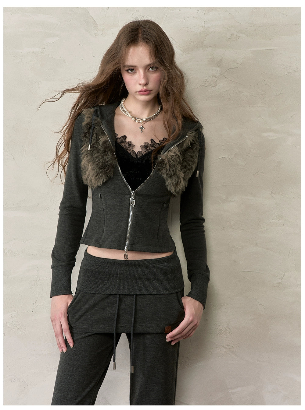 Faux Fur Drawstring Zip-up Hoodie
