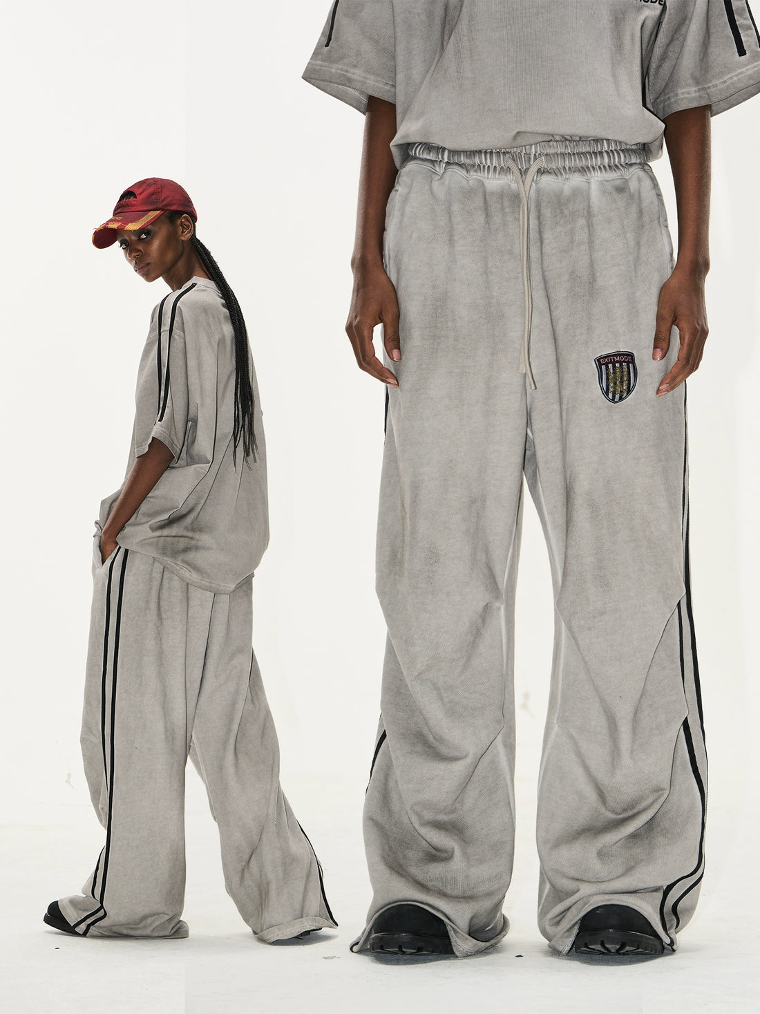 Washed Badge Cotton Pleated Track Pants