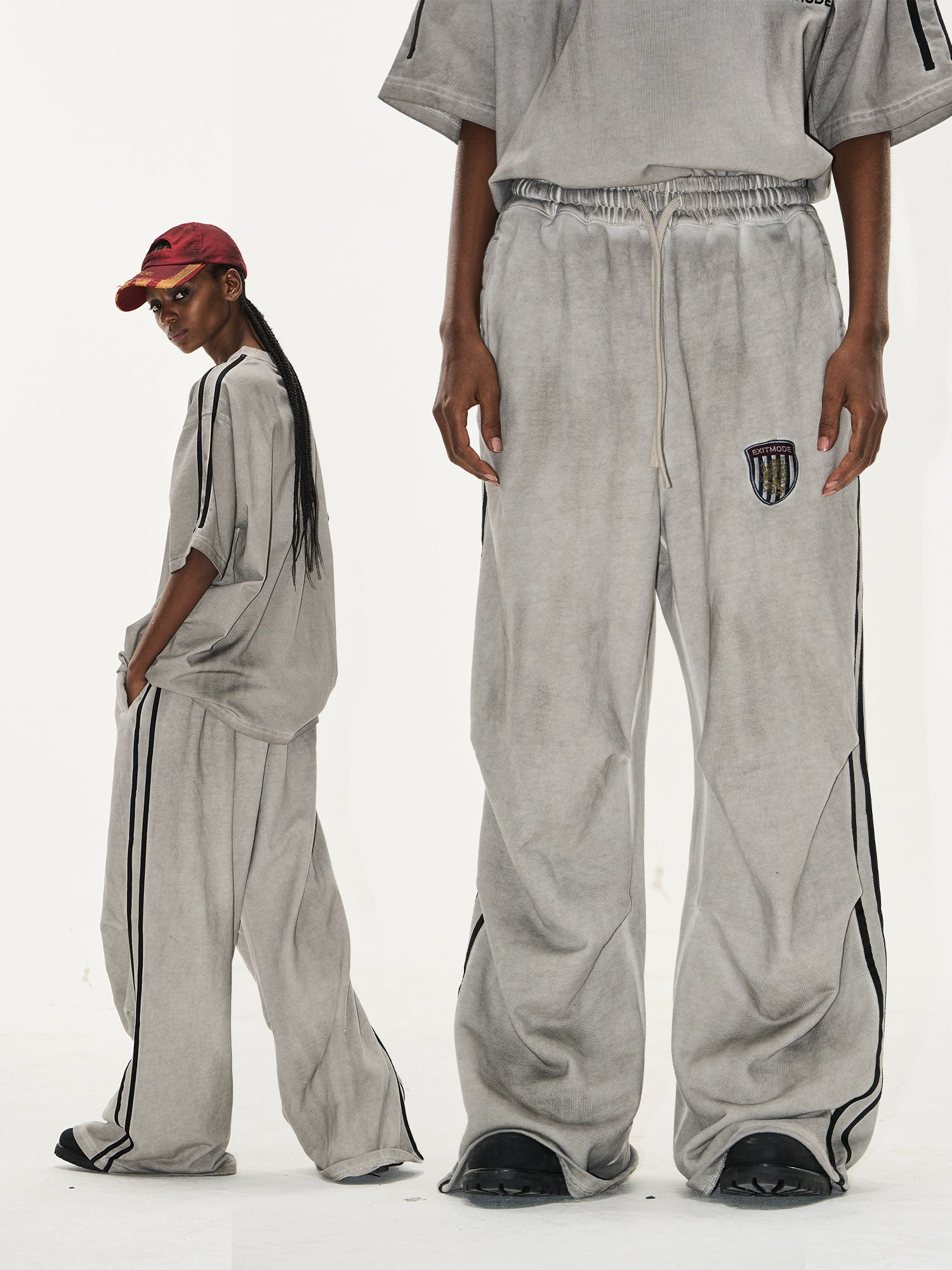 Washed Badge Cotton Pleated Track Pants