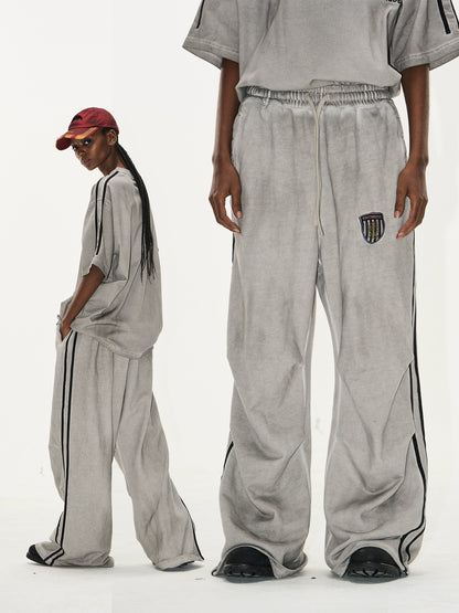 Washed Badge Cotton Pleated Track Pants
