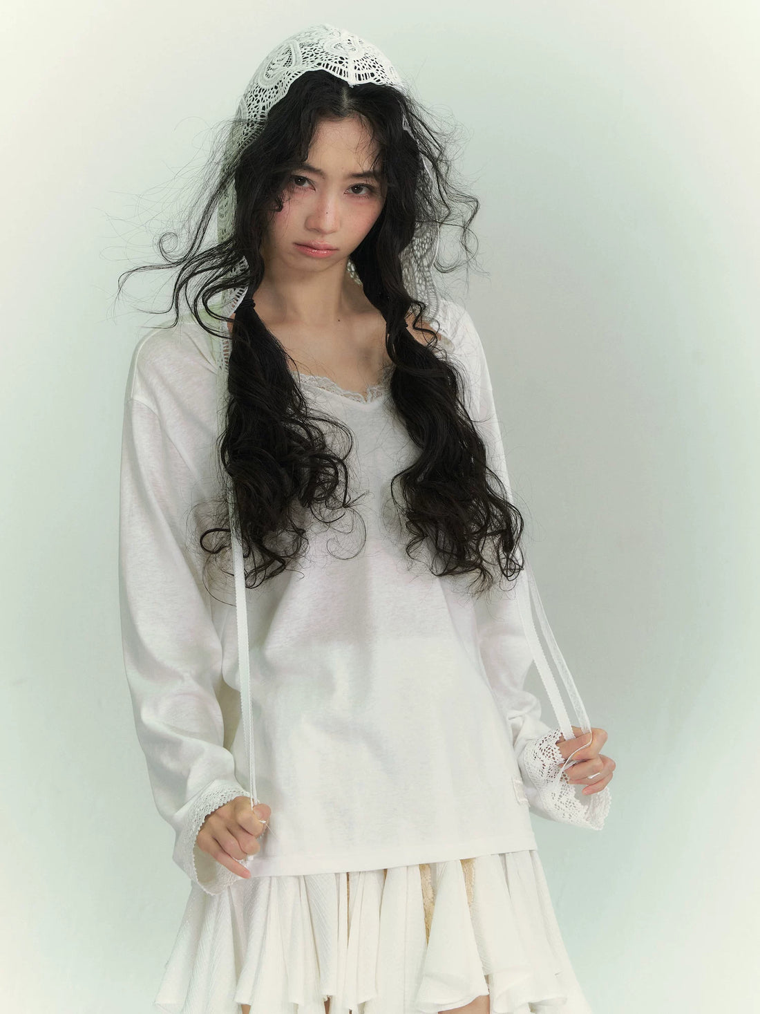 Lace Panel Tie-Detail Hooded Blouse