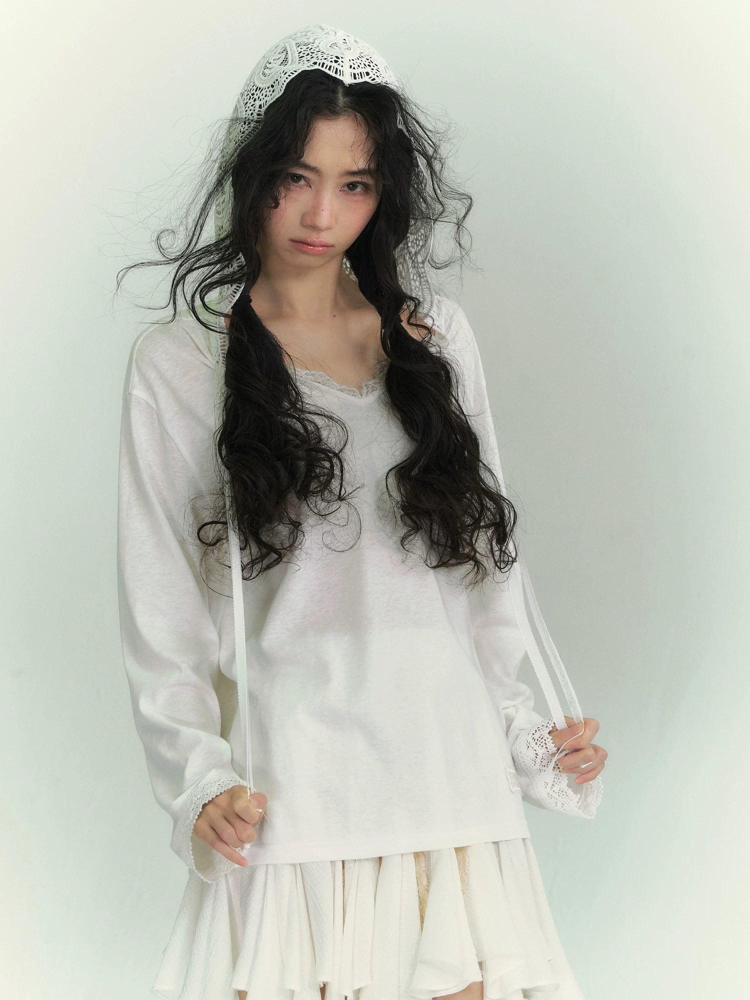 Lace Panel Tie-Detail Hooded Blouse