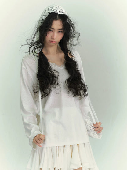 Lace Panel Tie-Detail Hooded Blouse