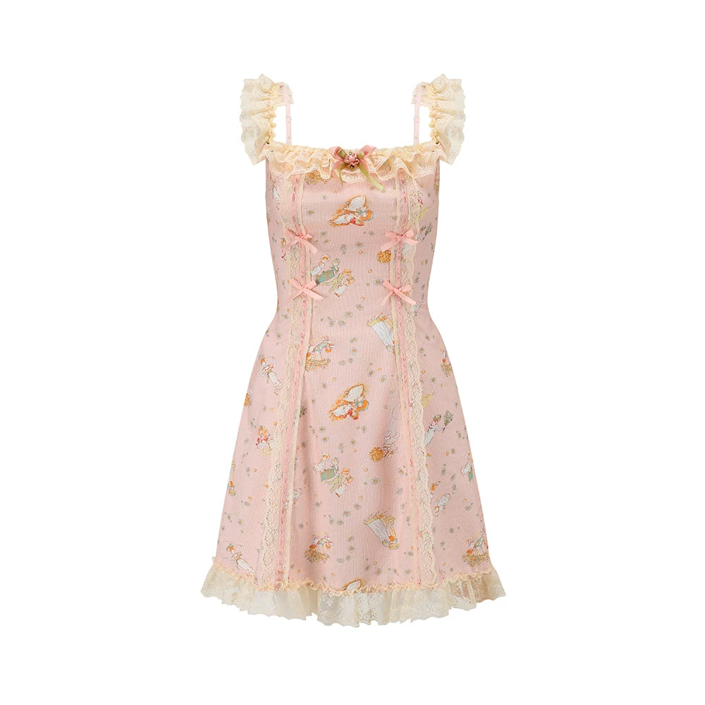 Vintage Pastoral Printed Lace Slip Dress