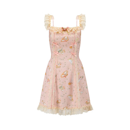 Vintage Pastoral Printed Lace Slip Dress