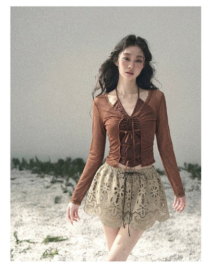 Soft Sand Ruched Tie-Front Cardigan
