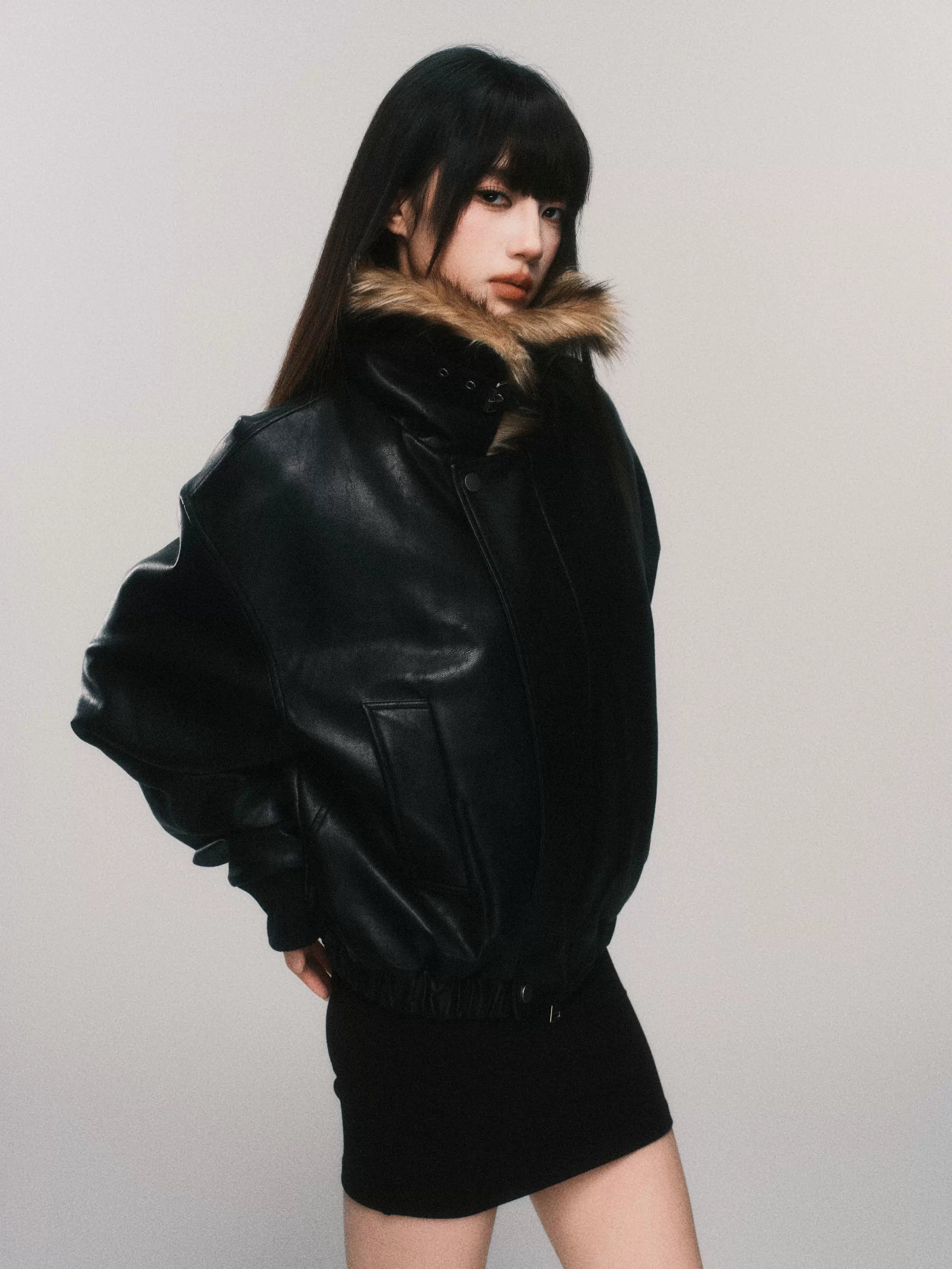 Faux Fur Collar Padded PU Biker Jacket