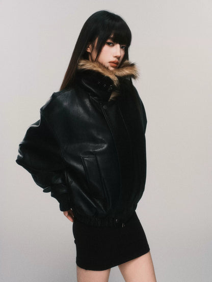 Faux Fur Collar Padded PU Biker Jacket