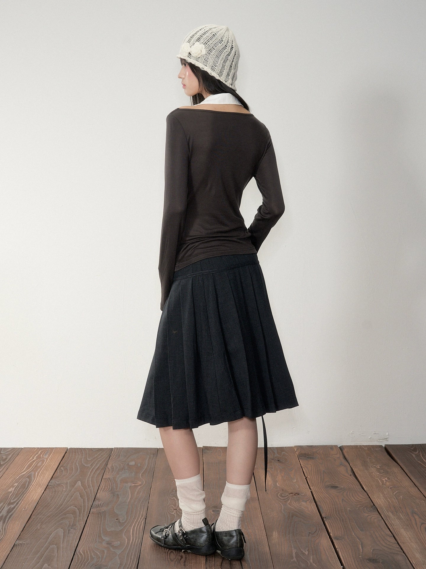 Dark Grey Tie-Waist Pleated Midi Skirt - CHINASQUAD